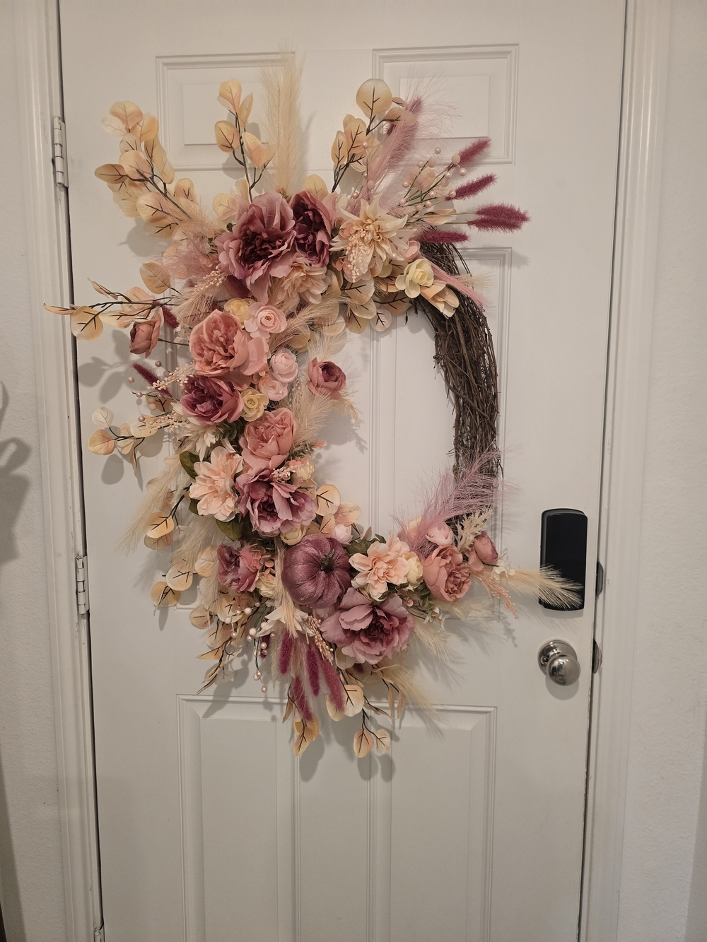 W020 - Decorative Pink and Blush Floral Grapevine Wreath - Fall Pumpkin